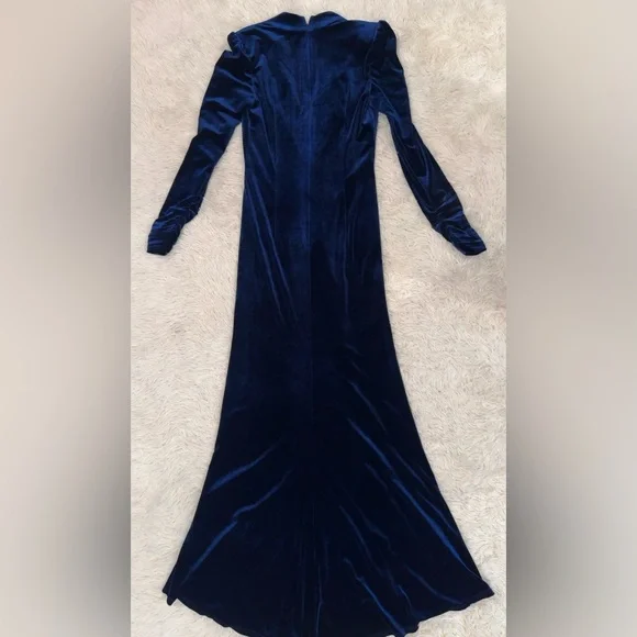 NWOT Tadashi Shoji Navy Blue Bevan Velvet Waterfall Drape Gown Sz S